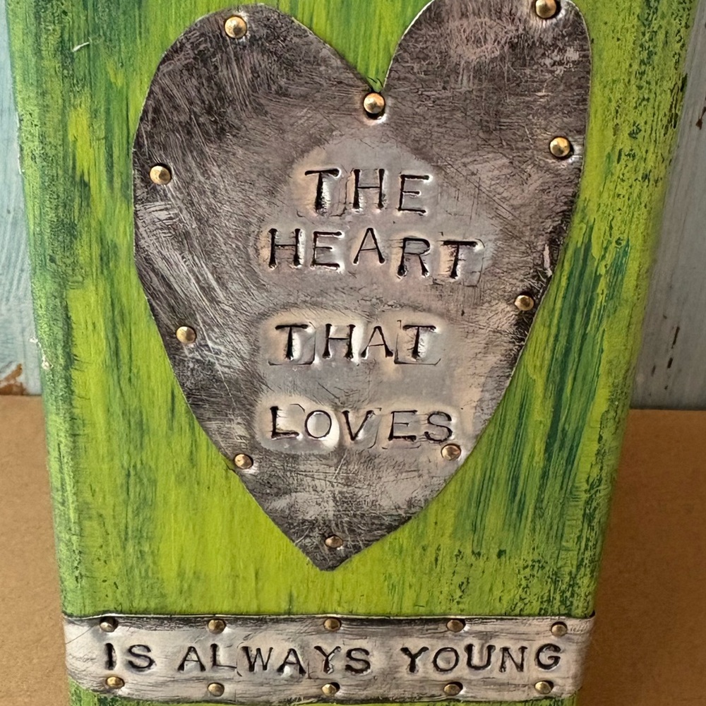 Artisan-Made Wood & Tin Decorative Green Candle Holder with Etched Saying - Picture 11 of 12